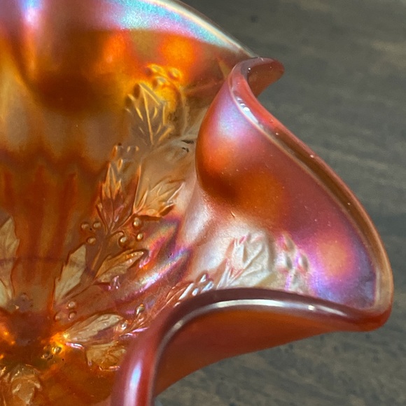 VTG Fenton Marigold Iridescent Mid-Century Carnival Glass Footed Compote Holly - Picture 10 of 10